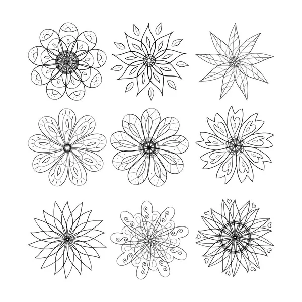 Flowers. Set. Sign, symbol. Doodle. Spirograph — Stock Vector