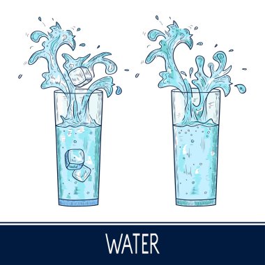 Bir bardak su. Sıçrama. Buz Sketch. Renk desen. Ayarla.