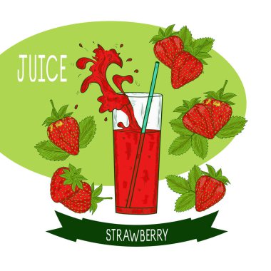 Çilek. Bir bardak meyve suyu. Meyveler, yapraklar. Sıçrama, sprey. Kroki. Ayarlayın. Güzel, parlak. Menüler, kartpostallar, posterler için kullanılabilir.