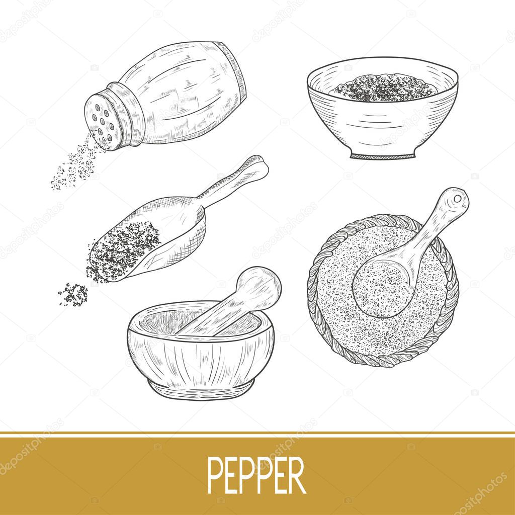 Pepper. Powder, bowl, spoon. Set. Monochrome.