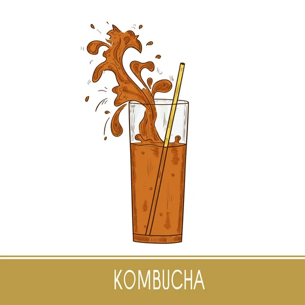 Kombucha. Ένα ποτήρι, άχυρο. Splash. Σε λευκό φόντο. Σκίτσο. — Διανυσματικό Αρχείο