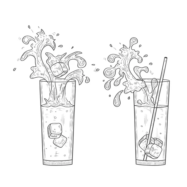 Drink. Glass, straw, ice. Splash. Sketch. Monochrome. Set. — Stock Vector
