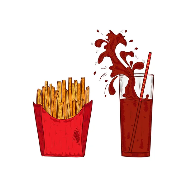 Cola, a splash. French fries. Drink, food. Sketch. Set. — Stock Vector