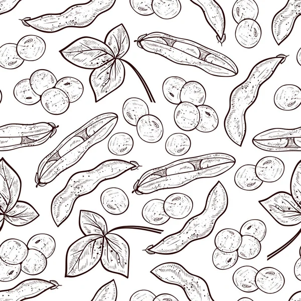 Soja. Pflanze. Stiel, Blume, Blatt, Frucht, Schote. Monophon. Hintergrund, Tapete, nahtlos, Textur. — Stockvektor