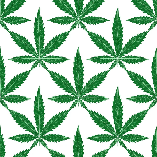 Cannabis. Hoja. Silueta verde sobre fondo blanco. Fondo de pantalla, textura, sin costuras . — Vector de stock