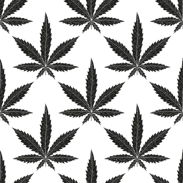 Cannabis. Hoja. Silueta negra sobre fondo blanco. Fondo de pantalla, textura, sin costuras . — Vector de stock