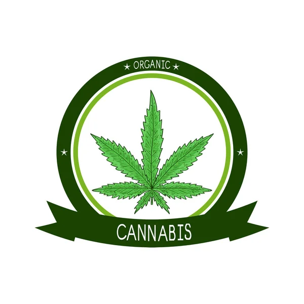 Du cannabis. Feuille. Croquis. Couleur. Emblème, logo, autocollant . — Image vectorielle