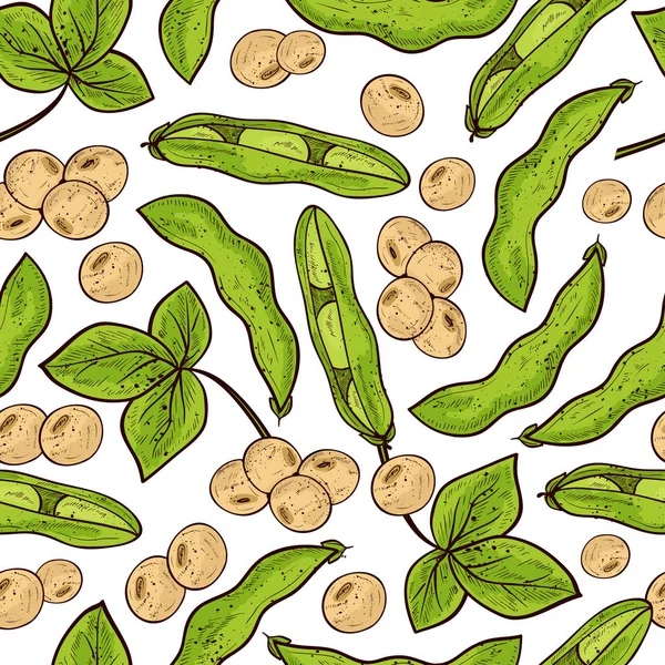 Soy. Plant. Stem, flower, leaf, fruit, pod. Monophonic. Background, wallpaper, seamless, texture. Color — Stock Vector