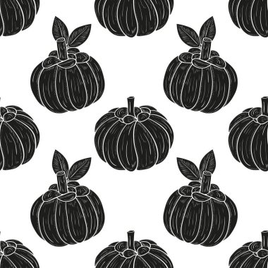 Garcinia. Fetus. Arka plan, duvar kağıdı, sorunsuz, doku. Beyaz arka planda siyah siluet.