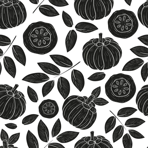 Garcinia. Hojas, fruta. Boceto. Fondo de pantalla, sin costuras, textura. Silueta negra sobre fondo blanco . — Vector de stock