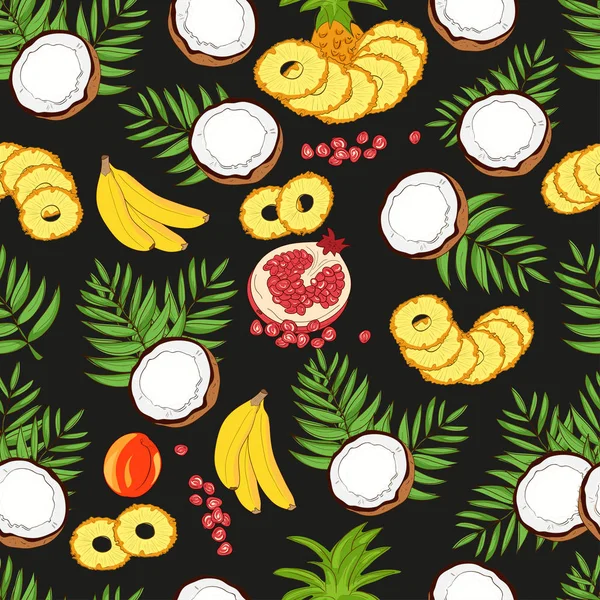 模板, 明信片, 横幅。背景, 壁纸, 无缝。椰子、香蕉、菠萝等水果。素描. — 图库矢量图片