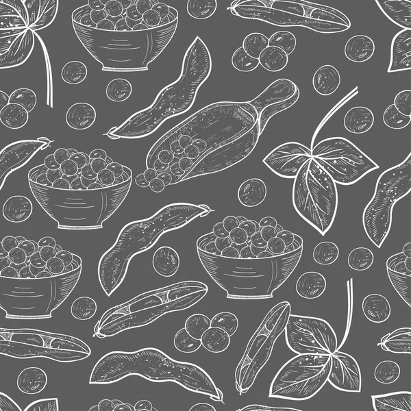 Soy. Leaves, pod, soya beans. Bowl, scoop. Background, wallpaper, texture, seamless. Sketch.