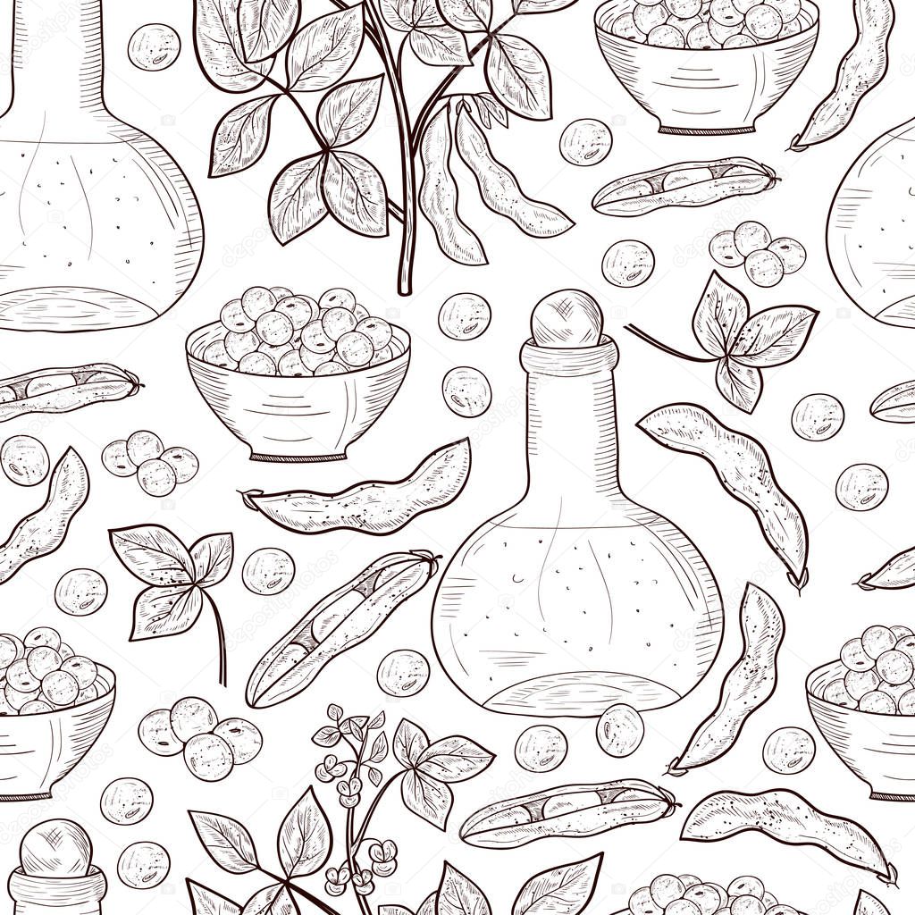Soy. Leaves, pod, soya beans, oil. Background, wallpaper, texture, seamless. Sketch. Monophonic