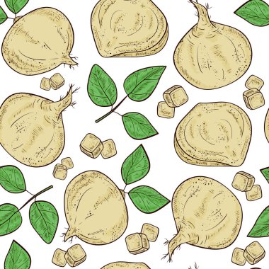 Jicama. Vegetable. Root, sheet. Sketch. Color. Seamless, background, texture, wallpaper. clipart