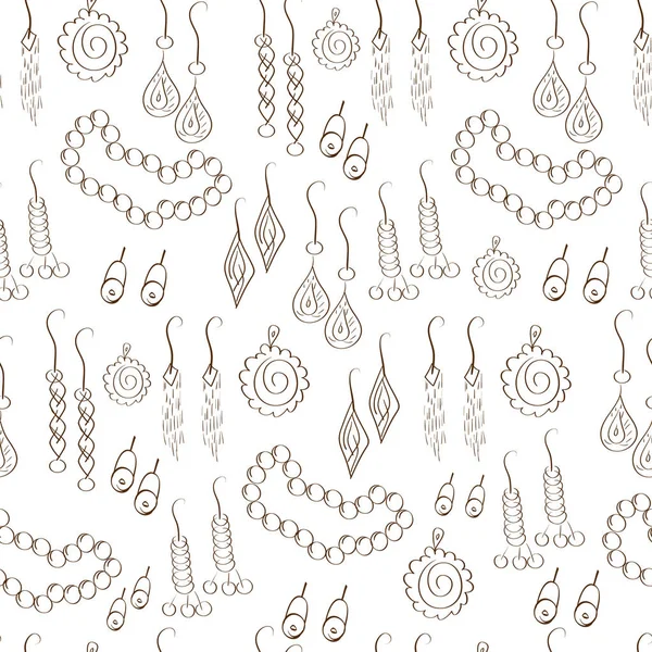 Joyería, decoraciones. Pendientes, colgantes, collares. fondo, fondo de pantalla, sin costuras, boceto, garabato . — Vector de stock