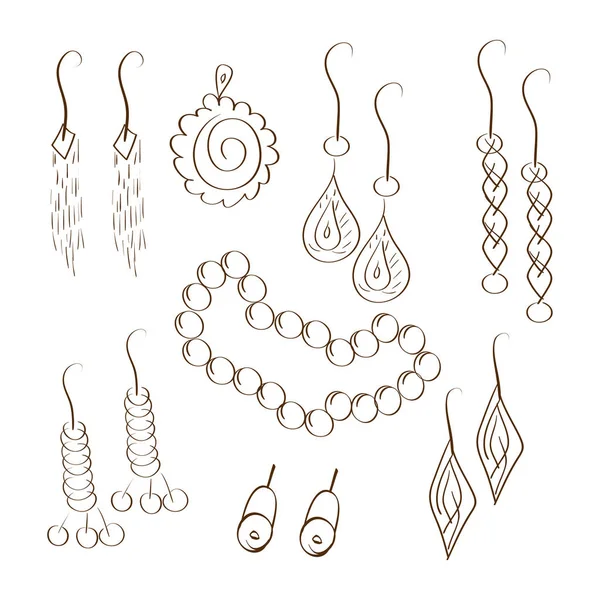 Bijouterie. Des bijoux. Boucles d'oreilles. Prêt. Croquis, Doodle. Sur fond blanc . — Image vectorielle