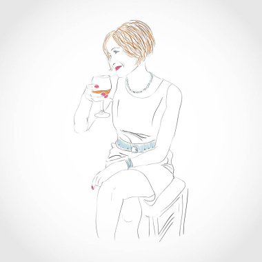 Kadın ve şarap. Kroki.