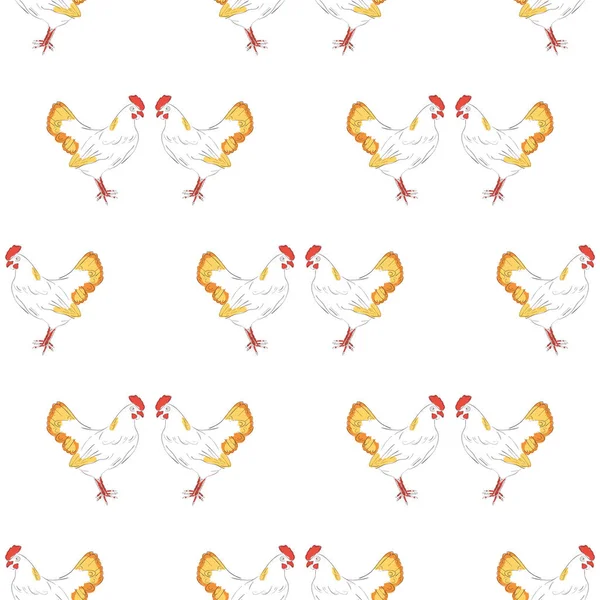 Chicken on a white background. wallpaper, texture, background. seamless. Sketch. — Stock Vector
