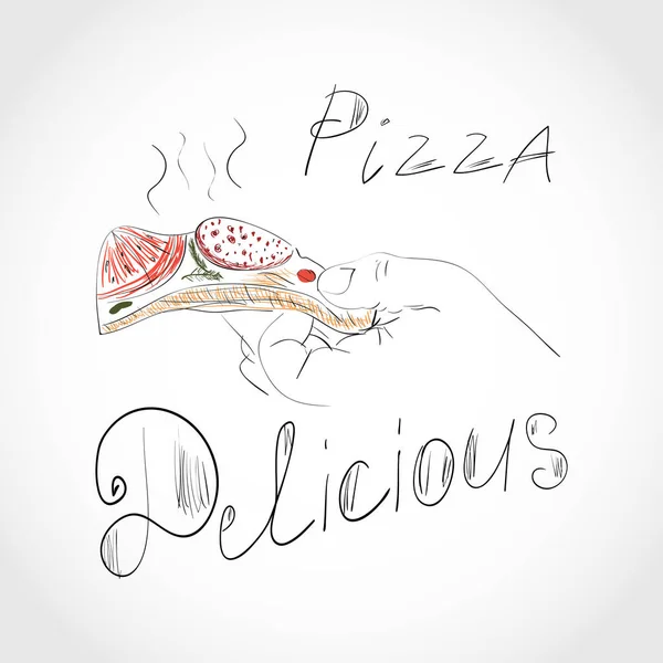 Een stuk van pizza. De zin - Delicious! Schets. — Stockvector