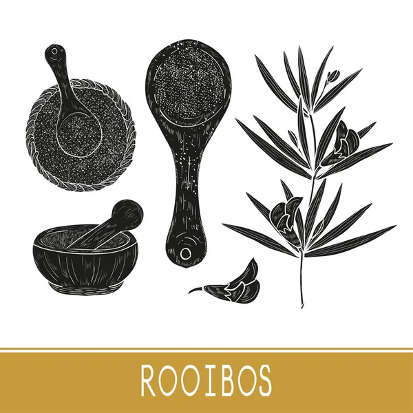 Ройбос. Листья, цветы, чай, миска, ложка, раствор. Черный силуэт на белом фоне. Набор — стоковый вектор