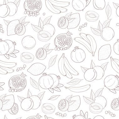 Arka plan, duvar kağıdı, sorunsuz. Limon, nar, muz, şeftali. Kroki doodle. Beyaz bir arka plan üzerinde.