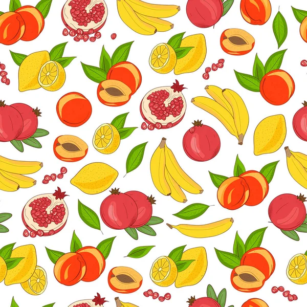 배경, 배경 화면, 완벽 한입니다. 과일입니다. 바나나, 석류, 레몬, 복숭아 스케치. — 스톡 벡터