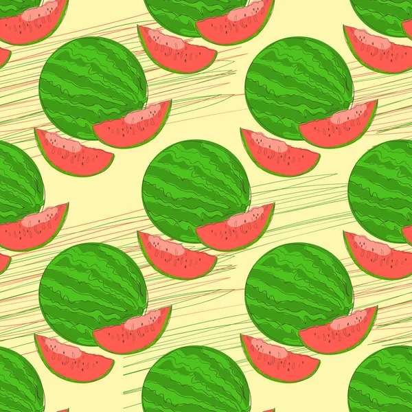 Wassermelone rund. Teil der Wassermelone. Hintergrund, Textur, Tapete. nahtlos. Skizze. Zeichnung auf gelbem Hintergrund. — Stockvektor