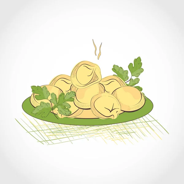 Dumplings sur une soucoupe et herbes - persil. Croquis — Image vectorielle