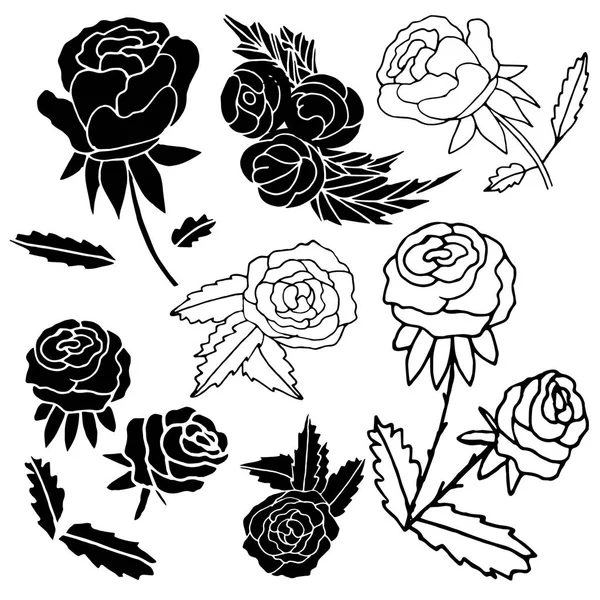 Silhouette noire d'une rose sur fond blanc. Doodle. Croquis. Ensemble . — Image vectorielle