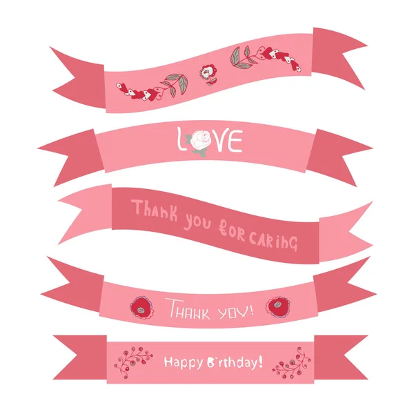 Ribbon. For cards, invitations for wedding, birthday. Design element. Pink color. Set — Stock Vector