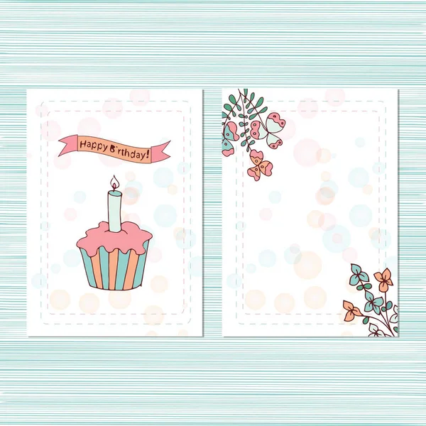 Ένα έτος. Γενέθλια. Πρότυπο. Πρόσκληση καρτ ποστάλ. Κέικ με κεριά. Σύνολο. Σκίτσο doodle. — Διανυσματικό Αρχείο