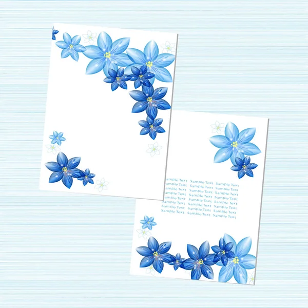 Flores azules sobre fondo blanco. Plantilla. Tarjeta. Invitación. Conjunto — Vector de stock
