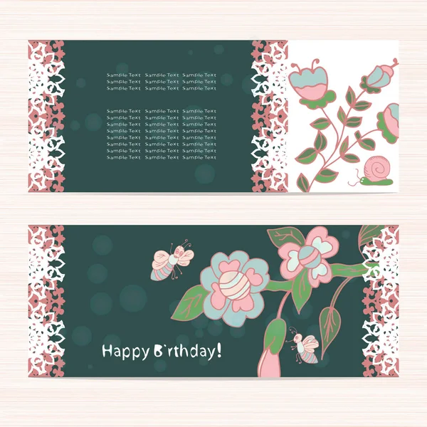 Template. Horizontal. birthday, anniversary, wedding invitation card. Dark background with flowers. Doodle, sketch. — Stock Vector