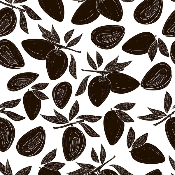 Lucuma. Fruit, branch, leaves. Seamless, background, wallpaper, texture. Monophonic. Black silhouette on white background.