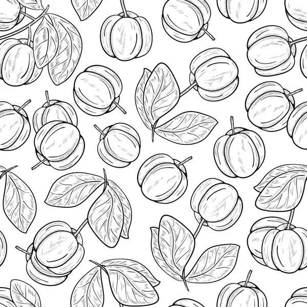 Acerola. Fruta, hojas, rama. Boceto. Monofónico. Sin costuras, fondo, textura, fondo de pantalla . — Vector de stock