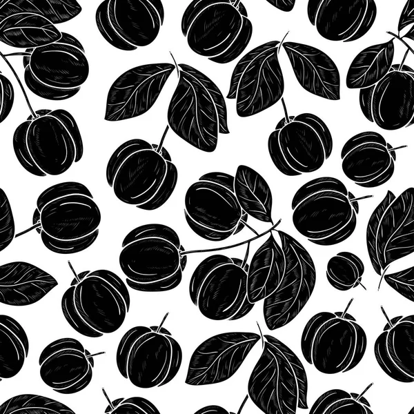 Acerola. Fruta, hojas, rama. Sin costuras, fondo, textura, fondo de pantalla. Silueta negra . — Vector de stock