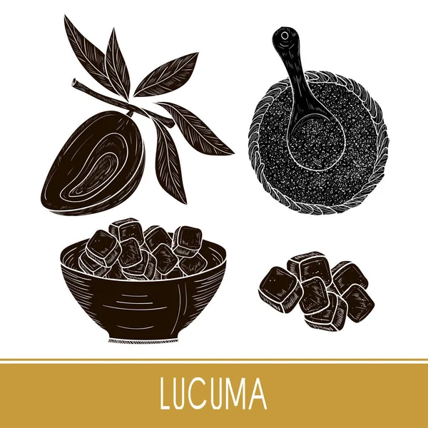 Lucuma. Fruits, feuilles, poudre, tranche. Super bouffe. Silhouette noire. Prêt. Monophonique . — Image vectorielle