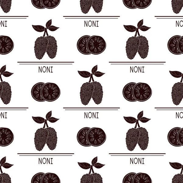 Noni. Früchte, Blätter, Text. Textur, Tapete, nahtlos, Hintergrund. Braune Silhouette. — Stockvektor
