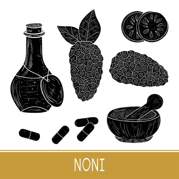 Noni. Früchte, Blätter. Mörser, Flasche, Pille. Silhouette. gesetzt. monophon. — Stockvektor