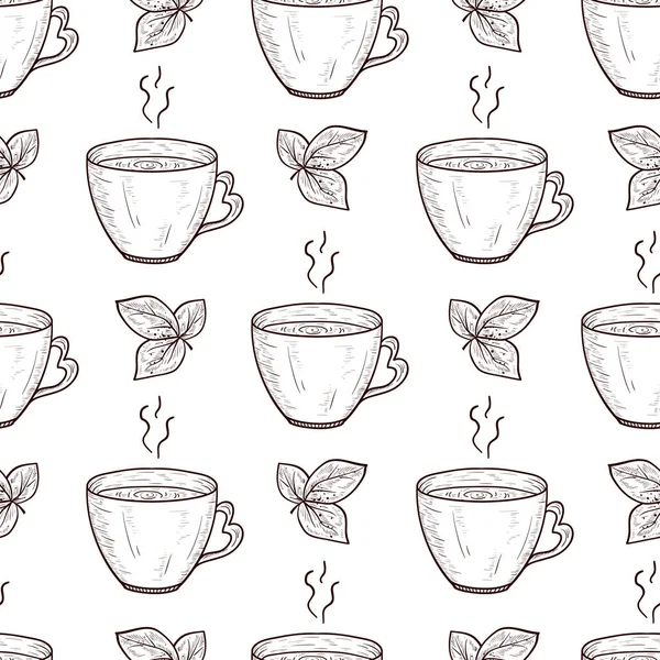 Té. Vete, taza. Boceto. Fondo, fondo de pantalla, sin costuras, textura. Monofónico . — Vector de stock