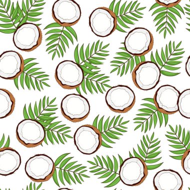 Hindistan cevizi. Meyve, yaprak. Kroki, en fazla. Arka plan, duvar kağıdı, kesintisiz.