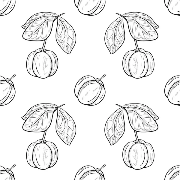 Acerola. Frutta, foglie, ramo. Schizzo. Monofonico. Senza soluzione di continuità, texture, carta da parati. Fondo bianco — Vettoriale Stock