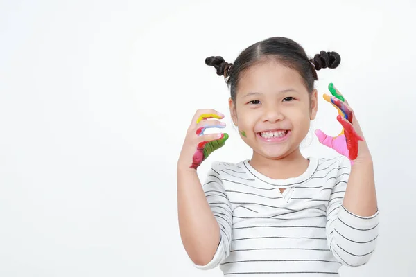 Ασιατικά Μικρά Κοριτσάκια Είναι Χαριτωμένα Στέκονται Χαμογελαστά Ευτυχώς Απομονωμένα Λευκό — Φωτογραφία Αρχείου