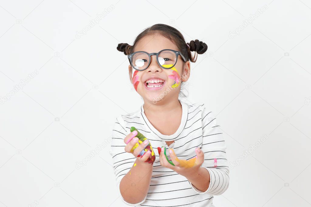 Asian beautiful little girl wearing glasses looking at the camera she smiles happiness isolated on white background. concept Inspiration, hobby.
