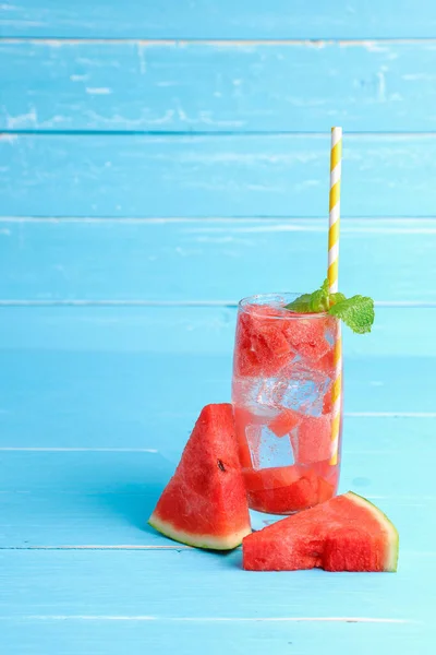 Cold Watermelon Juice Glass Old Blue Wooden Table Background Copy — Stock Photo, Image