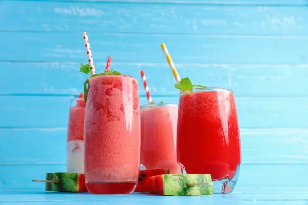 Smoothies Refreshing Cold Watermelon Juice Glass Old Blue Wooden Table — Stock Photo, Image