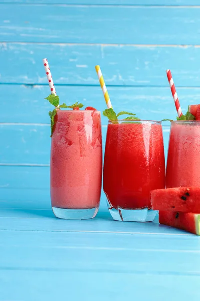 Refreshing Cold Watermelon Juice Smoothies Glass Old Blue Wooden Table — Stock Photo, Image