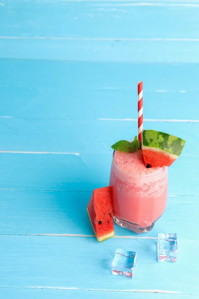 Watermelon Juice Smoothie Mint Blue Old Wooden Table Background Copy — Stock Photo, Image