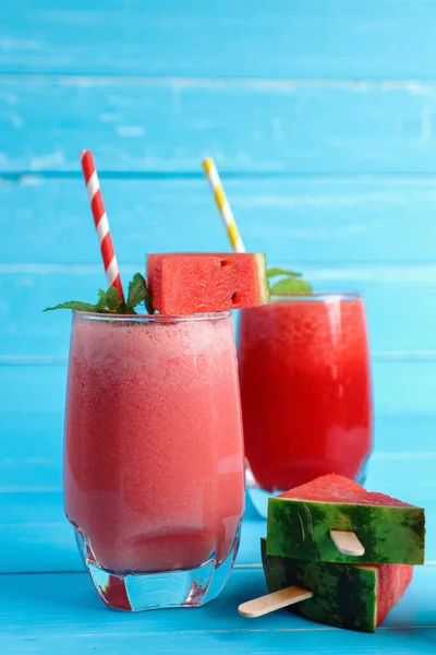 Watermelon Juice Smoothie Slices Watermelon Mint Drinks Summer Glass Blue — Stock Photo, Image