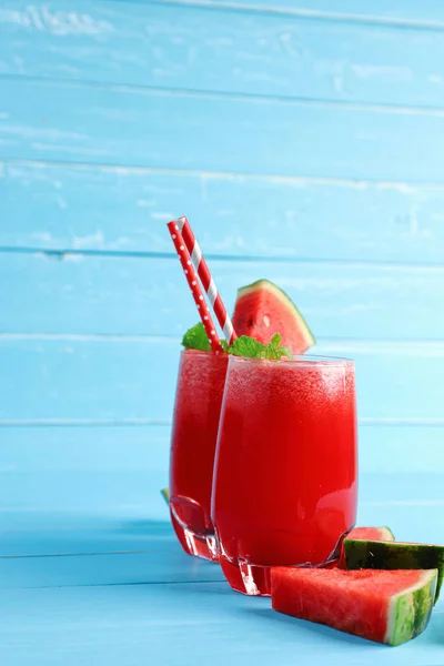 Refreshing Cold Watermelon Juice Smoothie Drinks Summer Glass Blue Wooden — Stock Photo, Image